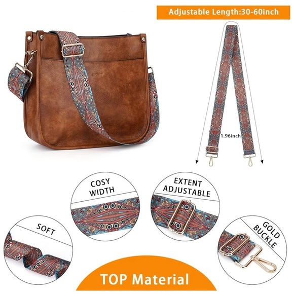 HKCLUF Crossbody Women’s Vegan Leather Hobo Bag 2‎ Adjustable Guitar Straps - Picture 14 of 16